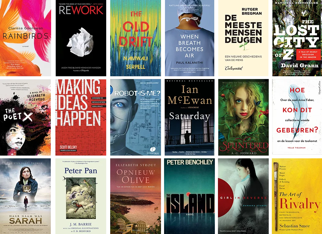 Achtien boeken, twee genres. V.l.n.r. Rainbirds, Glarissa Goenawan, Rework, Jason Fried & David Heinemeier Hansson, Old Drift, Namwali Serpell, When Breath Becomes Air, Paul Kalanithi, Haar Naam Was Sarah, Tatiana de Rosnay, Making Ideas Happen, Scott Belsky, De Meeste Mensen Deugen, Rutger Bregman, Splintered, Anita Grace Howard, Hoe Kon Dit Gebeuren, Yelle Tieleman, Lost City of Z, David Grann.